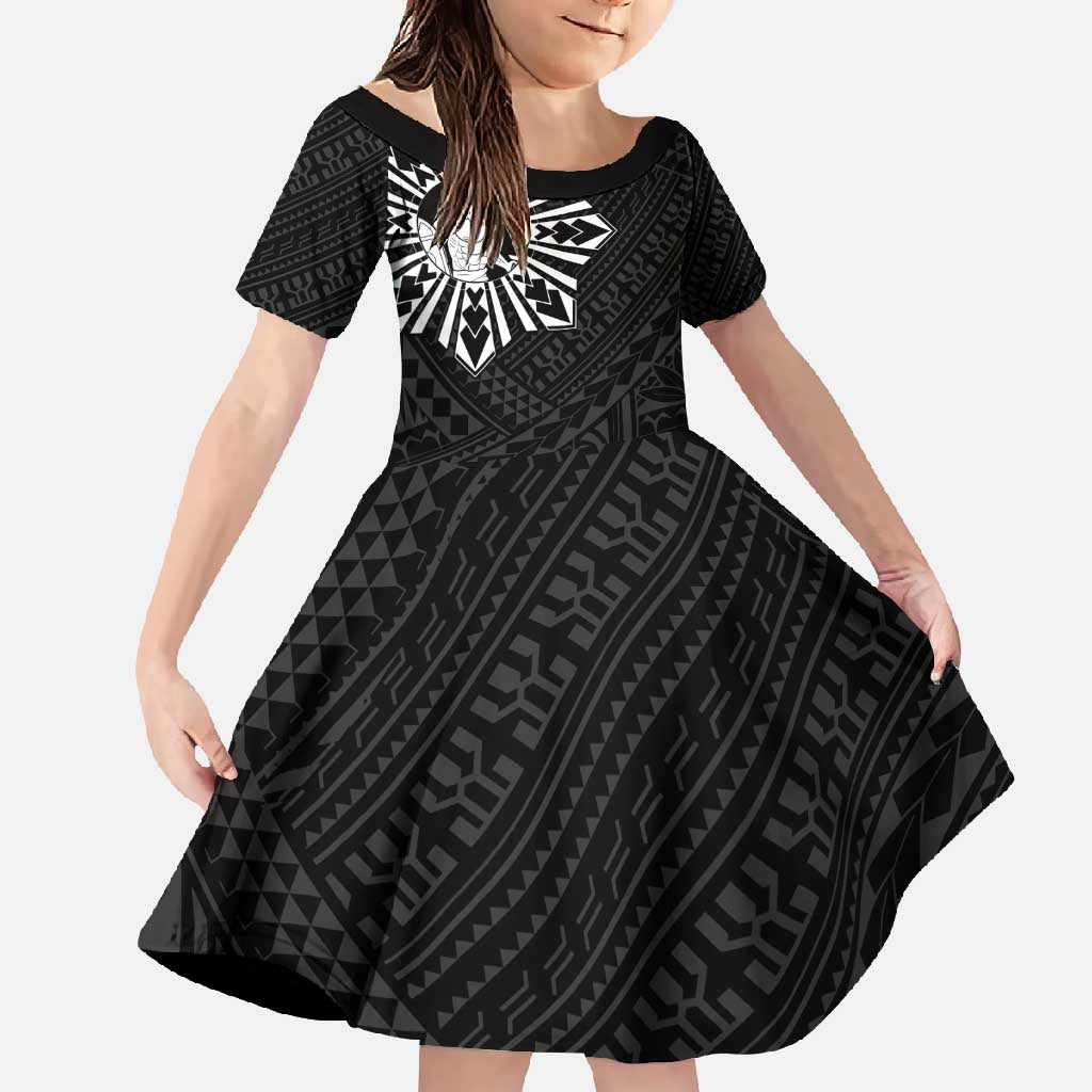 Philippines Tribal Family Matching Off Shoulder Maxi Dress and Hawaiian Shirt King Lapu Lapu Black Version LT05 Daughter's Dress Black - Polynesian Pride
