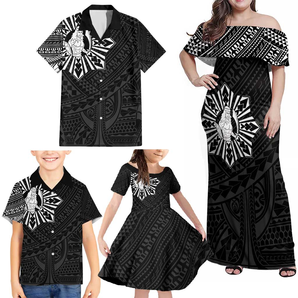 Philippines Tribal Family Matching Off Shoulder Maxi Dress and Hawaiian Shirt King Lapu Lapu Black Version LT05 - Polynesian Pride