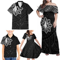 Philippines Tribal Family Matching Off Shoulder Maxi Dress and Hawaiian Shirt King Lapu Lapu Black Version LT05 - Polynesian Pride