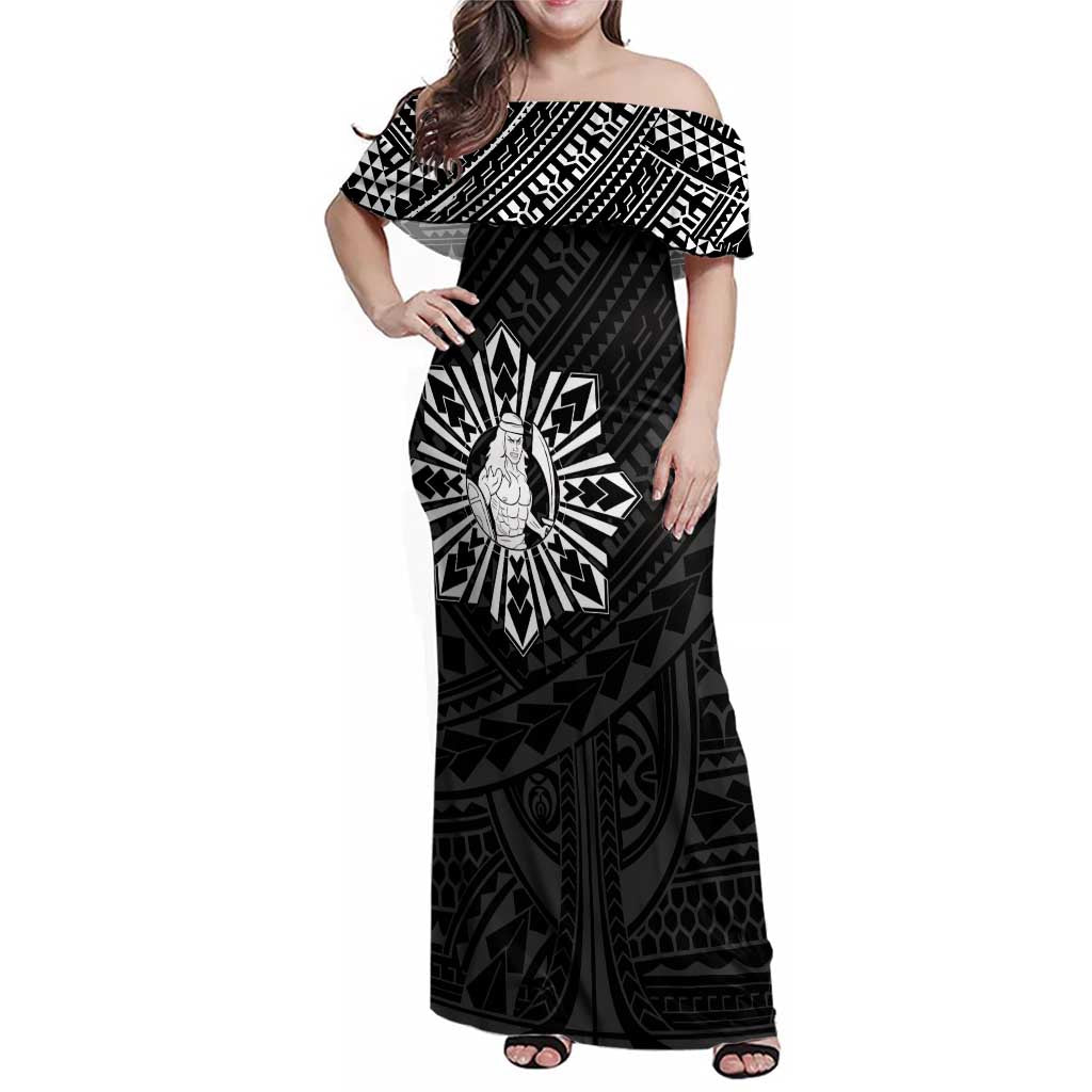 Philippines Tribal Family Matching Off Shoulder Maxi Dress and Hawaiian Shirt King Lapu Lapu Black Version LT05 Mom's Dress Black - Polynesian Pride