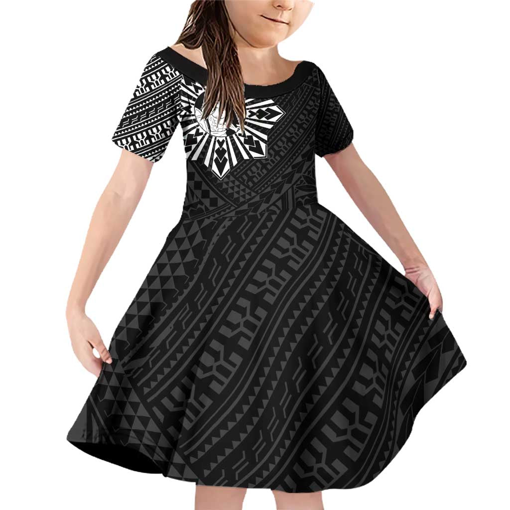Philippines Tribal Family Matching Off Shoulder Short Dress and Hawaiian Shirt King Lapu Lapu Black Version LT05 Daughter's Dress Black - Polynesian Pride