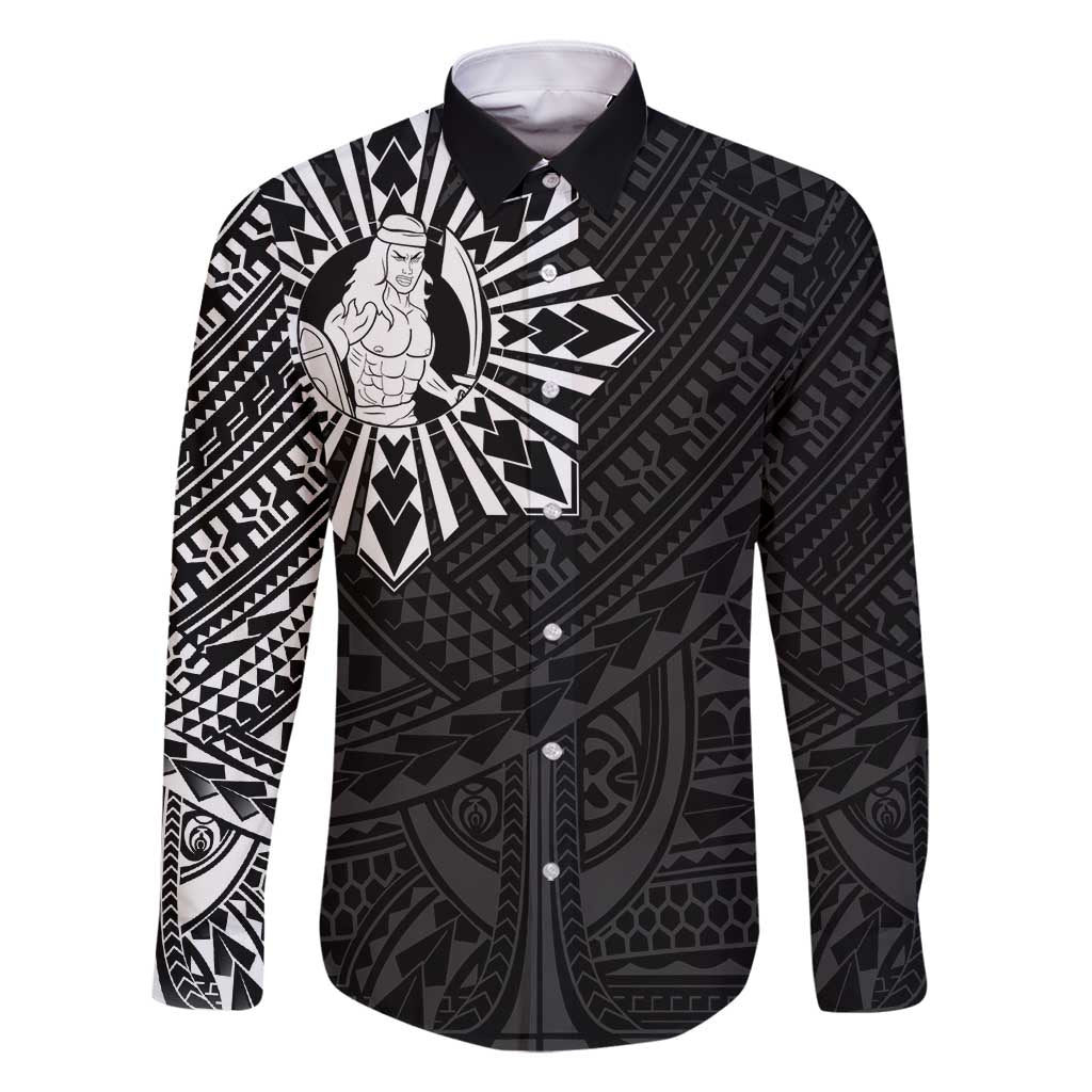 Philippines Tribal Family Matching Off Shoulder Short Dress and Hawaiian Shirt King Lapu Lapu Black Version LT05 Dad's Shirt - Long Sleeve Black - Polynesian Pride