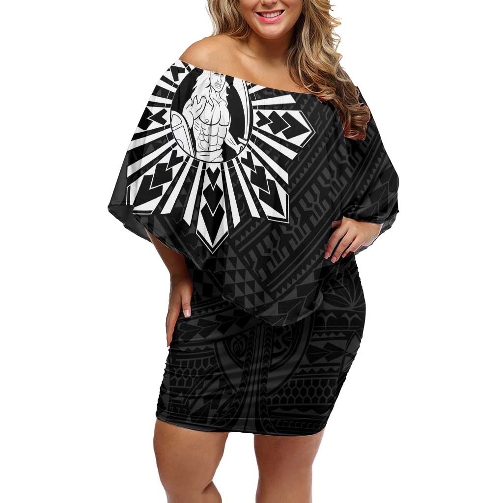 Philippines Tribal Family Matching Off Shoulder Short Dress and Hawaiian Shirt King Lapu Lapu Black Version LT05 Mom's Dress Black - Polynesian Pride