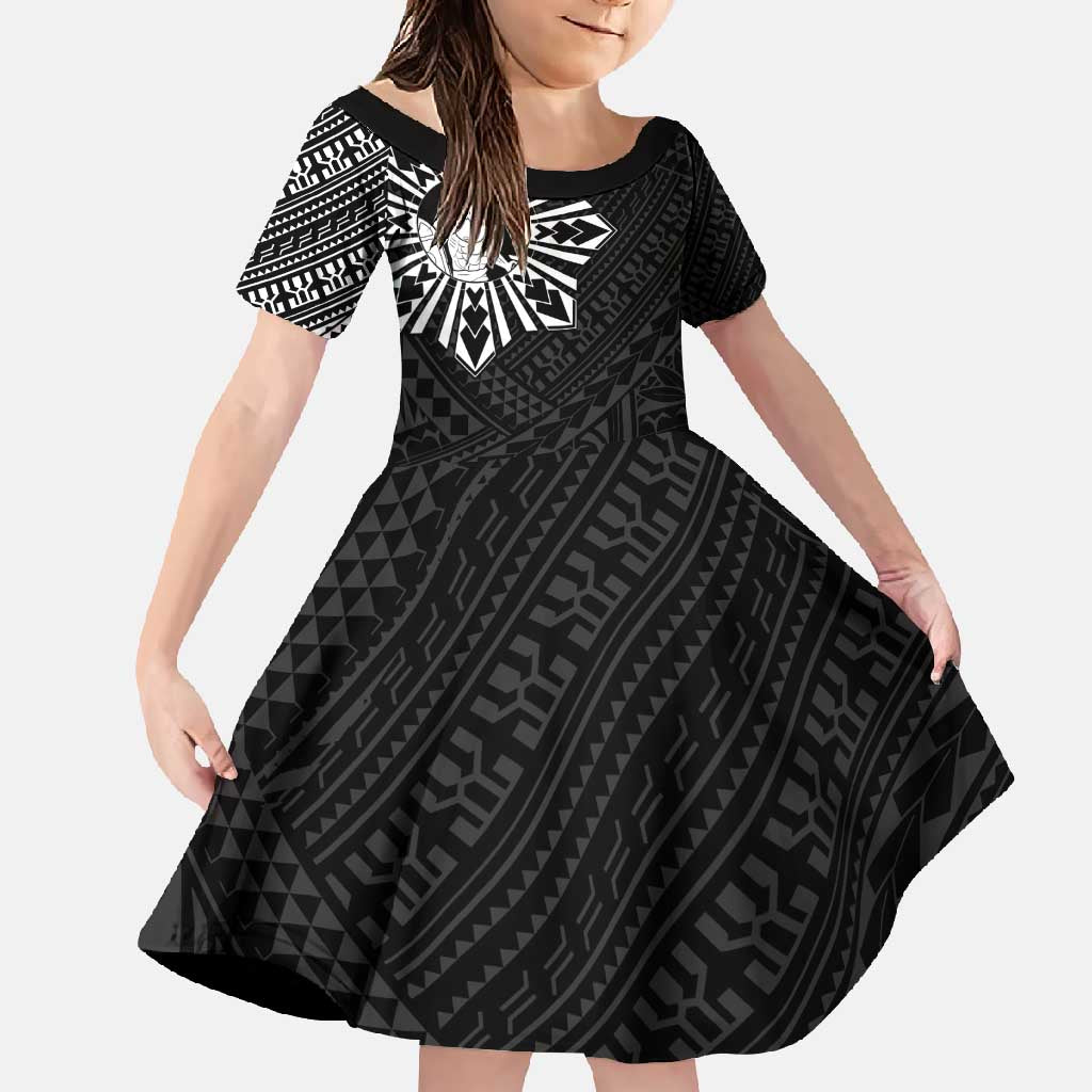 Philippines Tribal Family Matching Summer Maxi Dress and Hawaiian Shirt King Lapu Lapu Black Version LT05 Daughter's Dress Black - Polynesian Pride