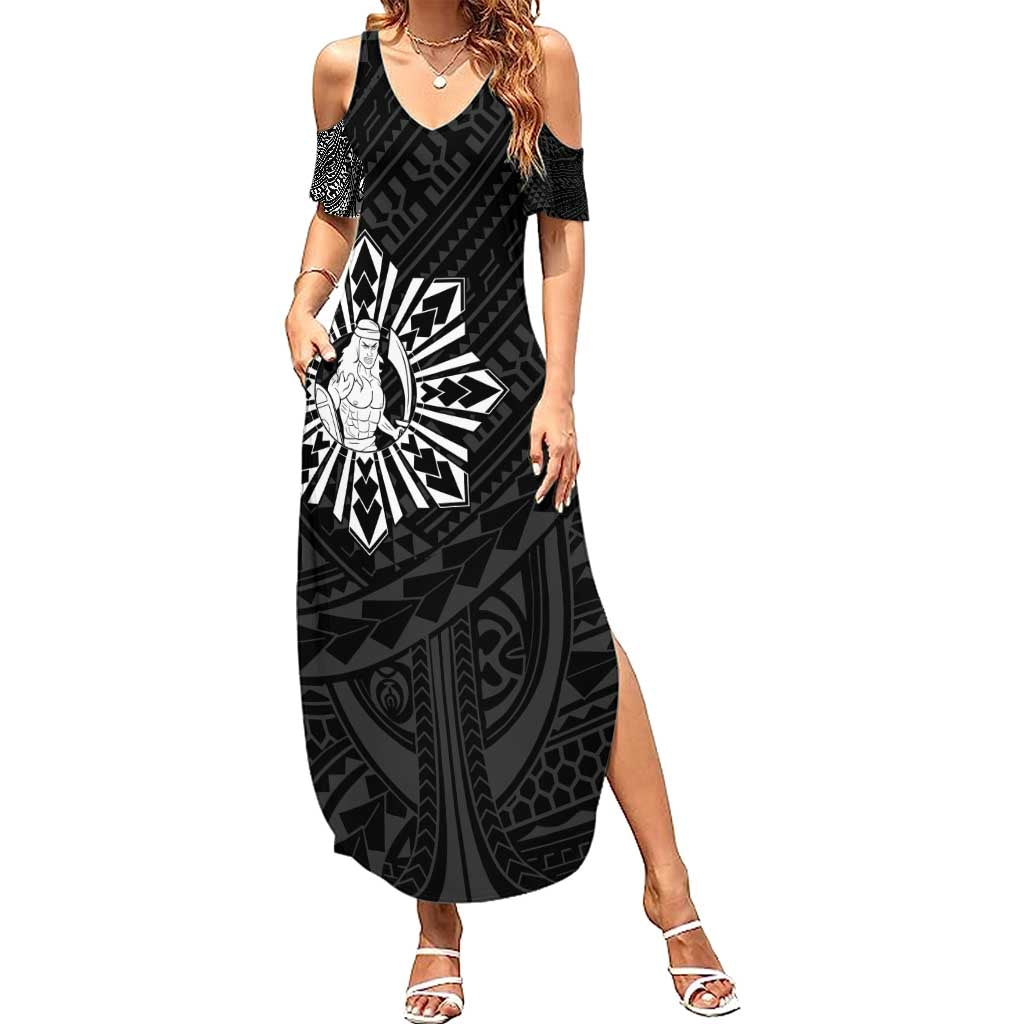 Philippines Tribal Family Matching Summer Maxi Dress and Hawaiian Shirt King Lapu Lapu Black Version LT05 Mom's Dress Black - Polynesian Pride