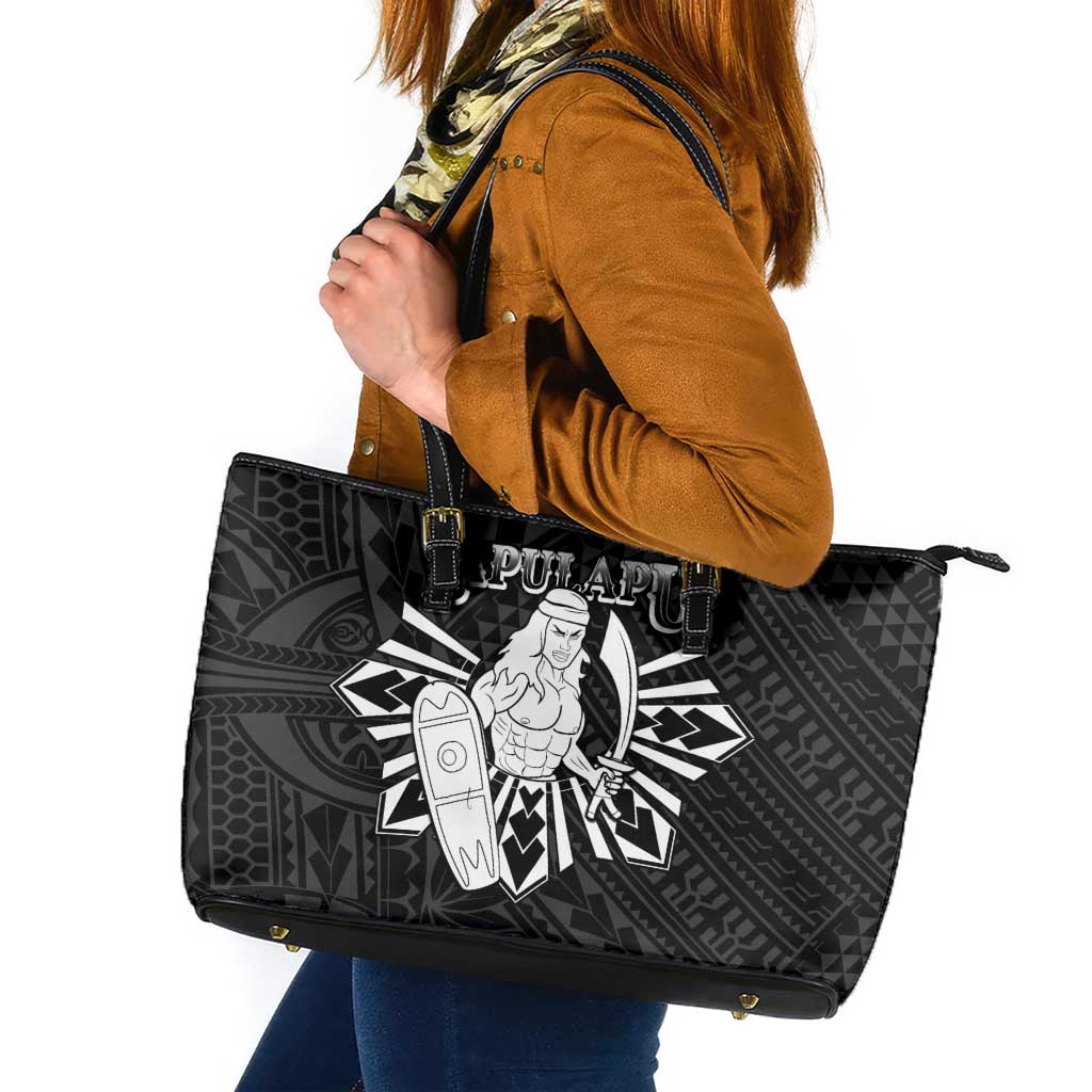 Philippines Tribal Leather Tote Bag King Lapu Lapu Black Version