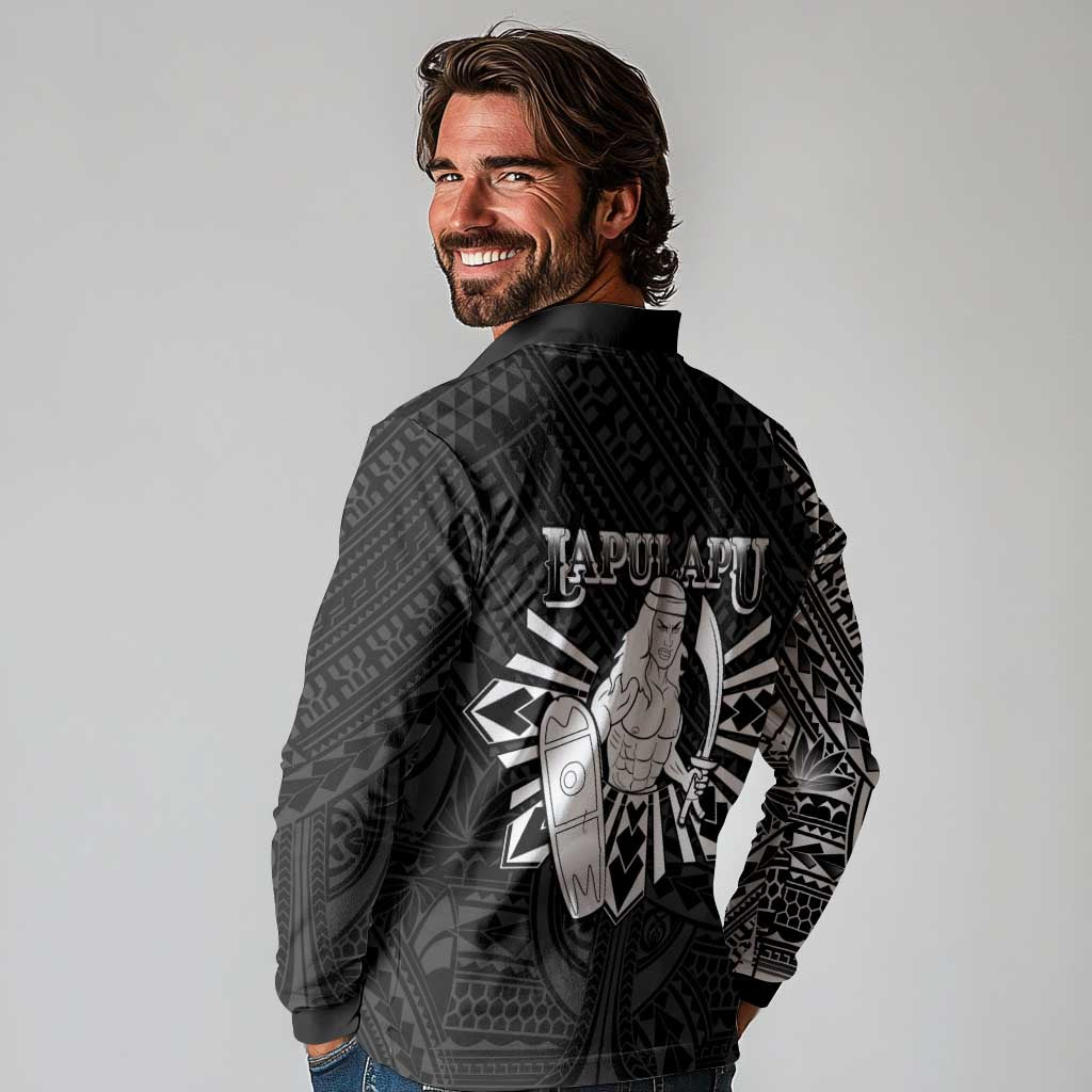 Philippines Tribal Long Sleeve Polo Shirt King Lapu Lapu Black Version