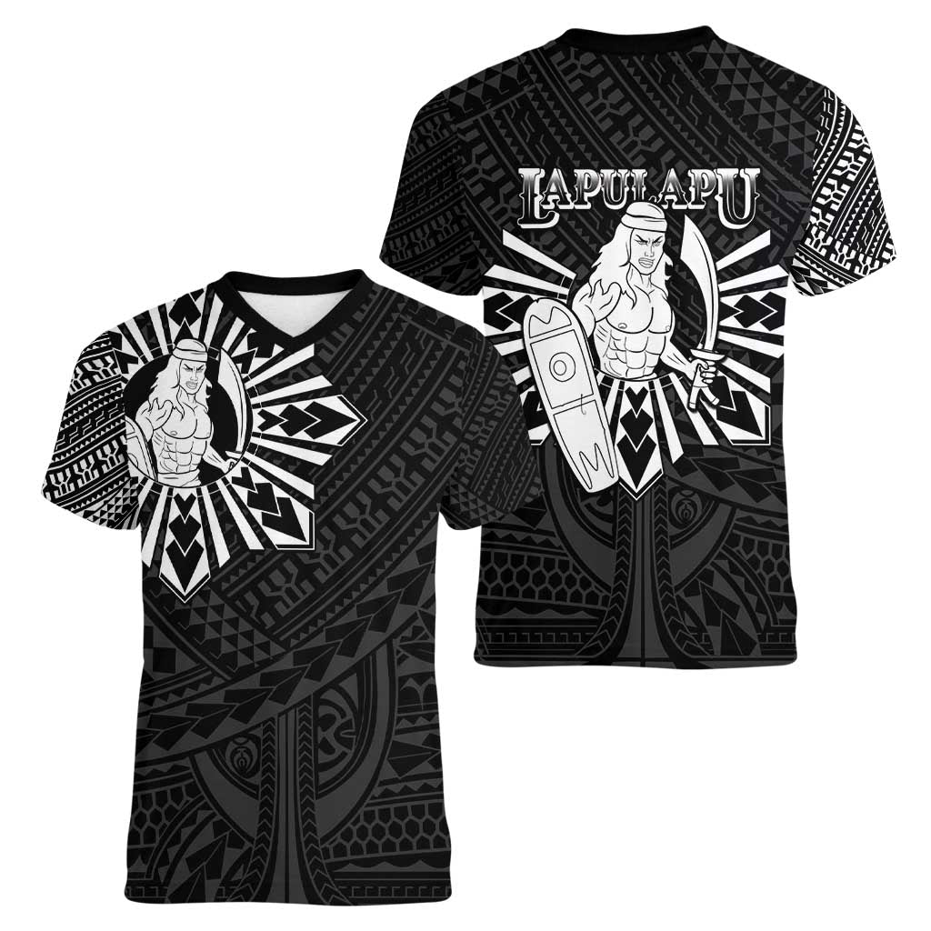 Philippines Tribal Women V-Neck T-Shirt King Lapu Lapu Black Version