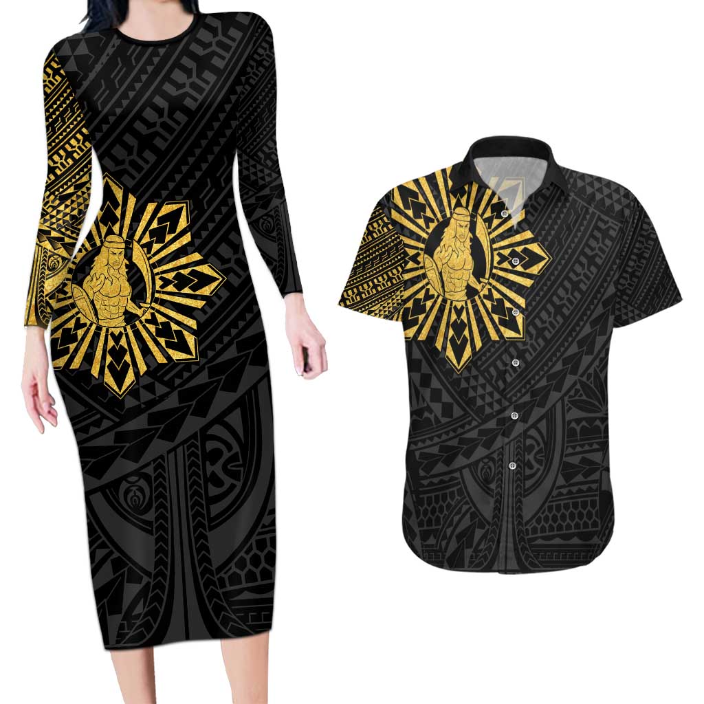Philippines Tribal Couples Matching Long Sleeve Bodycon Dress and Hawaiian Shirt King Lapu Lapu Gold Version LT05 Gold - Polynesian Pride
