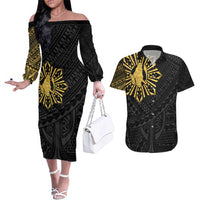 Philippines Tribal Couples Matching Off The Shoulder Long Sleeve Dress and Hawaiian Shirt King Lapu Lapu Gold Version LT05 Gold - Polynesian Pride