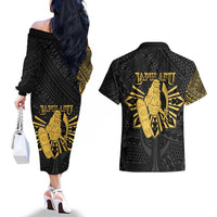 Philippines Tribal Couples Matching Off The Shoulder Long Sleeve Dress and Hawaiian Shirt King Lapu Lapu Gold Version LT05 - Polynesian Pride
