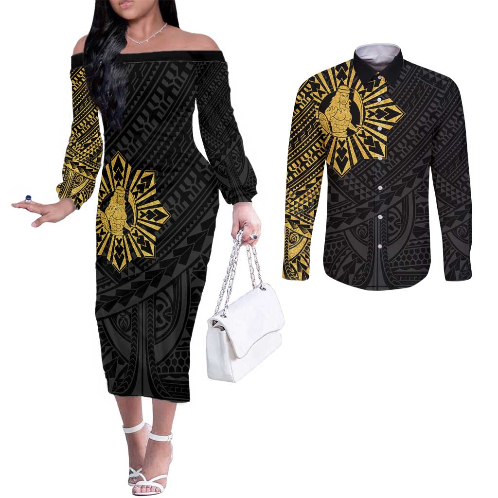 Philippines Tribal Couples Matching Off The Shoulder Long Sleeve Dress and Long Sleeve Button Shirt King Lapu Lapu Gold Version