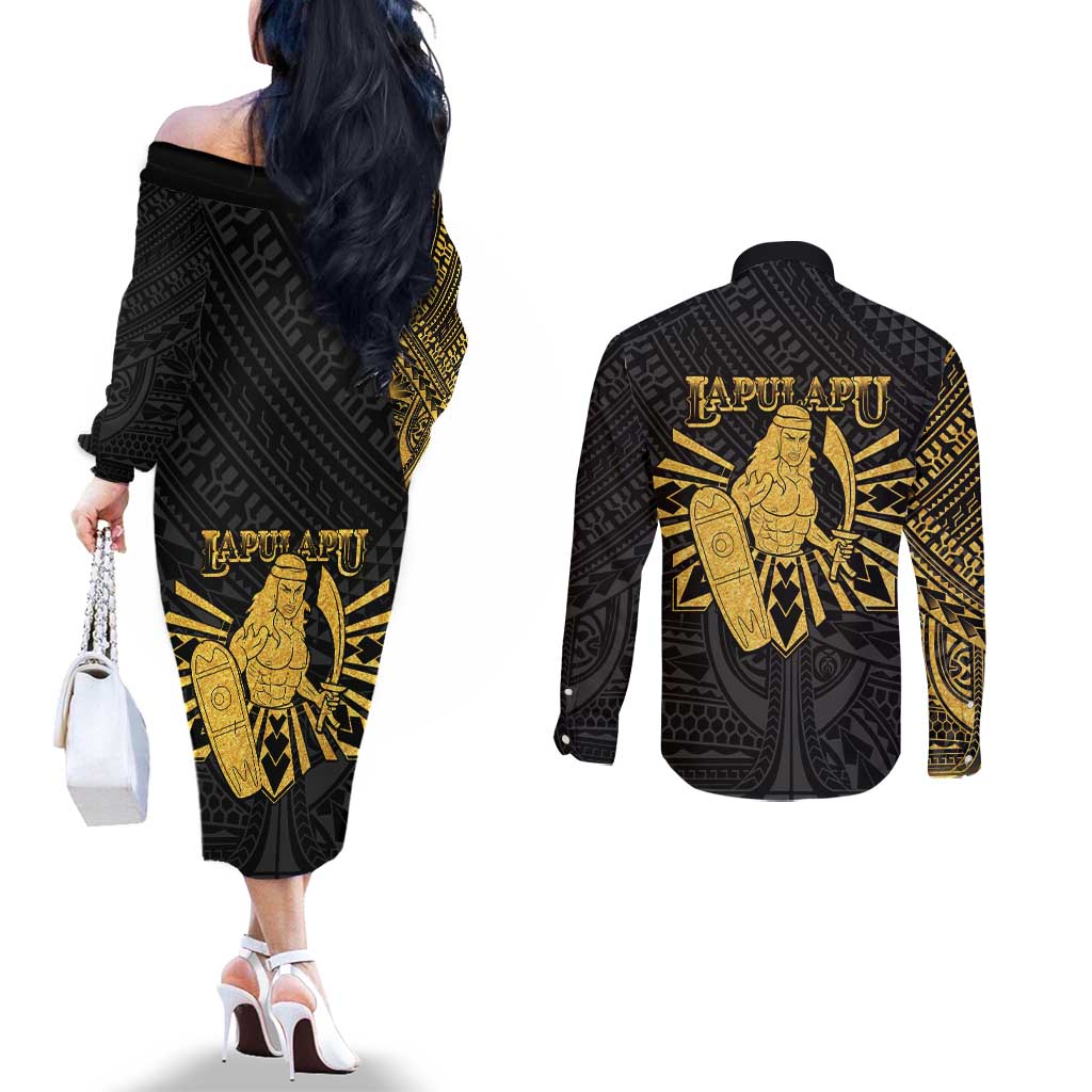 Philippines Tribal Couples Matching Off The Shoulder Long Sleeve Dress and Long Sleeve Button Shirt King Lapu Lapu Gold Version