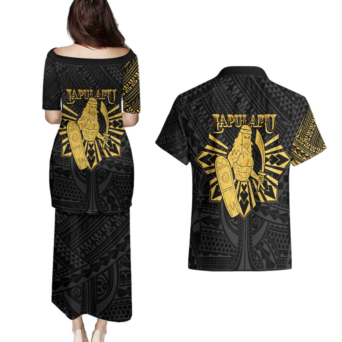 Philippines Tribal Couples Matching Puletasi and Hawaiian Shirt King Lapu Lapu Gold Version