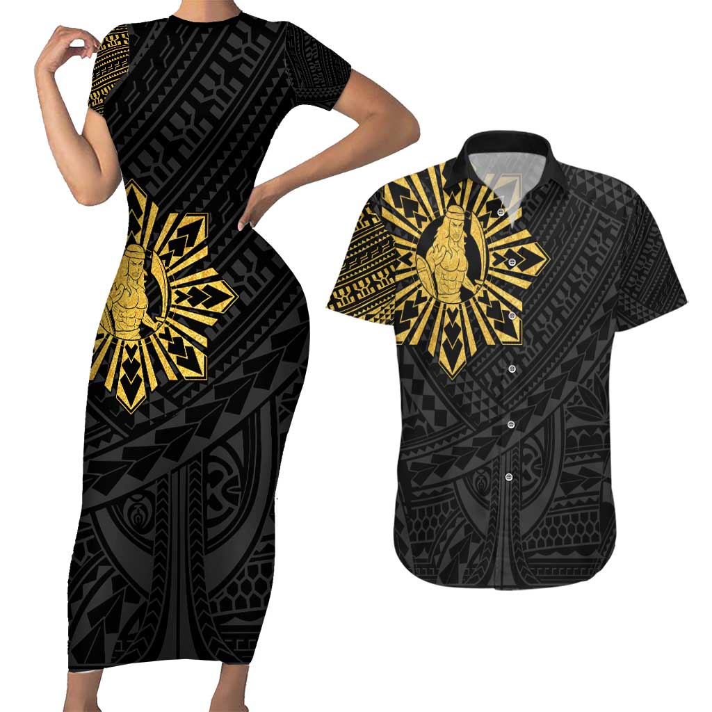 Philippines Tribal Couples Matching Short Sleeve Bodycon Dress and Hawaiian Shirt King Lapu Lapu Gold Version LT05 Gold - Polynesian Pride