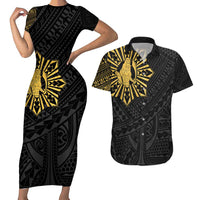 Philippines Tribal Couples Matching Short Sleeve Bodycon Dress and Hawaiian Shirt King Lapu Lapu Gold Version LT05 Gold - Polynesian Pride