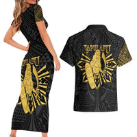 Philippines Tribal Couples Matching Short Sleeve Bodycon Dress and Hawaiian Shirt King Lapu Lapu Gold Version LT05 - Polynesian Pride