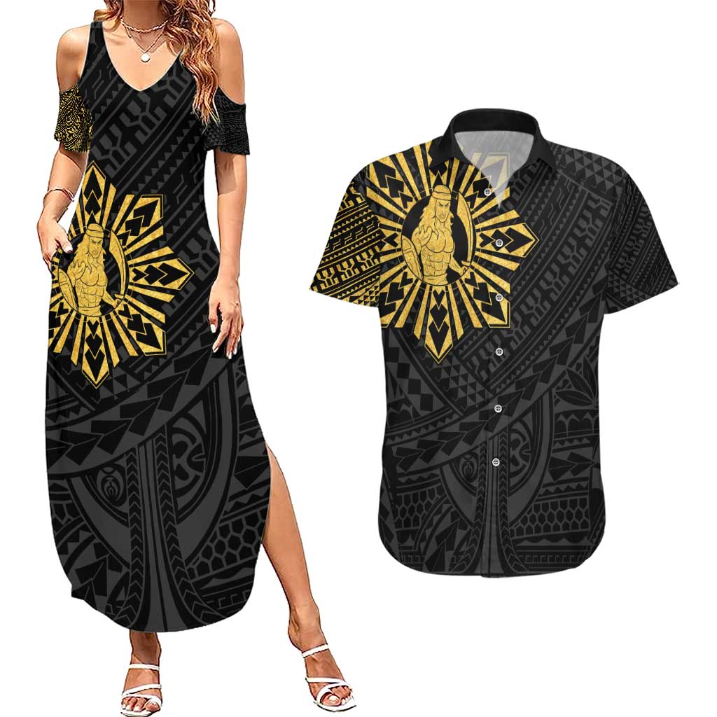 Philippines Tribal Couples Matching Summer Maxi Dress and Hawaiian Shirt King Lapu Lapu Gold Version