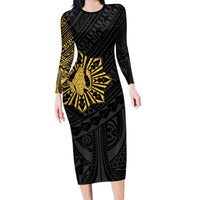 Philippines Tribal Family Matching Long Sleeve Bodycon Dress and Hawaiian Shirt King Lapu Lapu Gold Version LT05 Mom's Dress Gold - Polynesian Pride