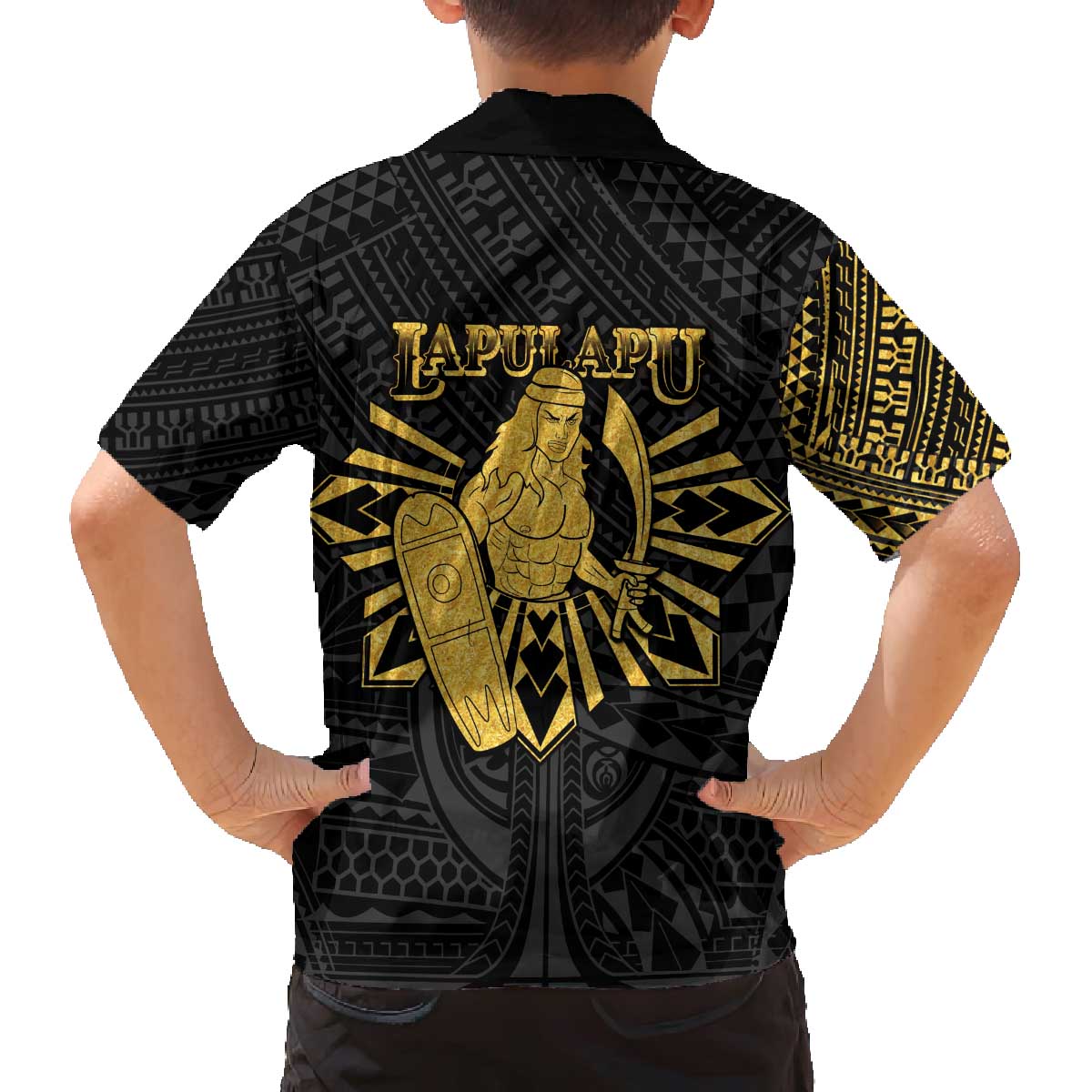 Philippines Tribal Family Matching Off The Shoulder Long Sleeve Dress and Hawaiian Shirt King Lapu Lapu Gold Version LT05 - Polynesian Pride