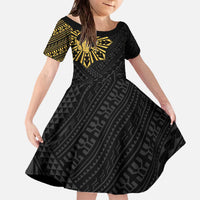 Philippines Tribal Family Matching Off The Shoulder Long Sleeve Dress and Hawaiian Shirt King Lapu Lapu Gold Version LT05 Daughter's Dress Gold - Polynesian Pride