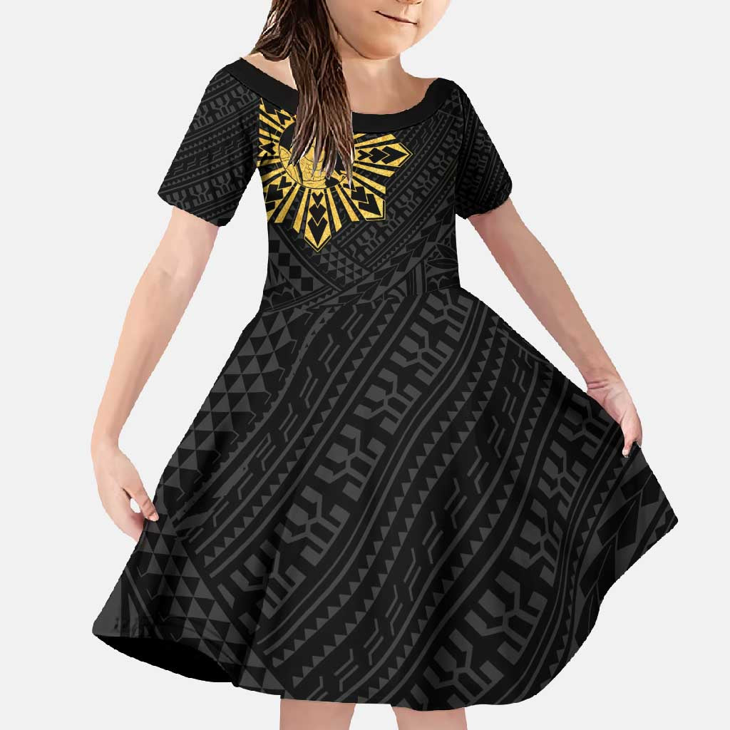 Philippines Tribal Family Matching Off Shoulder Maxi Dress and Hawaiian Shirt King Lapu Lapu Gold Version LT05 Daughter's Dress Gold - Polynesian Pride