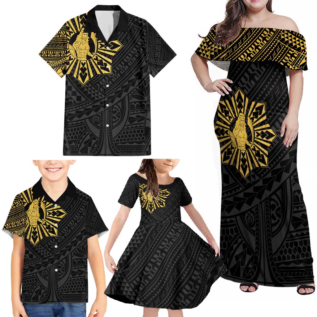 Philippines Tribal Family Matching Off Shoulder Maxi Dress and Hawaiian Shirt King Lapu Lapu Gold Version LT05 - Polynesian Pride