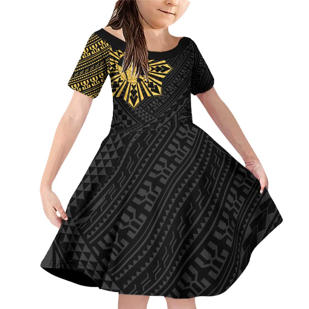 Philippines Tribal Family Matching Off Shoulder Short Dress and Hawaiian Shirt King Lapu Lapu Gold Version LT05 Daughter's Dress Gold - Polynesian Pride