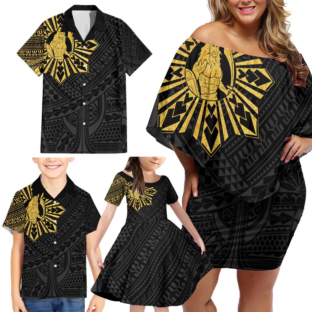 Philippines Tribal Family Matching Off Shoulder Short Dress and Hawaiian Shirt King Lapu Lapu Gold Version LT05 - Polynesian Pride