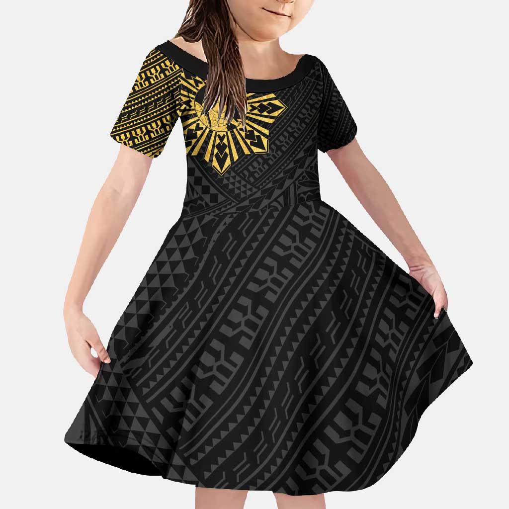 Philippines Tribal Family Matching Short Sleeve Bodycon Dress and Hawaiian Shirt King Lapu Lapu Gold Version LT05 Daughter's Dress Gold - Polynesian Pride