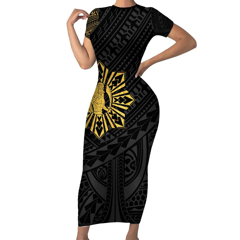 Philippines Tribal Family Matching Short Sleeve Bodycon Dress and Hawaiian Shirt King Lapu Lapu Gold Version LT05 Mom's Dress Gold - Polynesian Pride