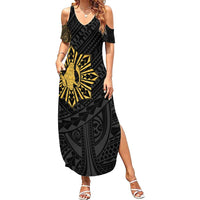 Philippines Tribal Family Matching Summer Maxi Dress and Hawaiian Shirt King Lapu Lapu Gold Version LT05 Mom's Dress Gold - Polynesian Pride