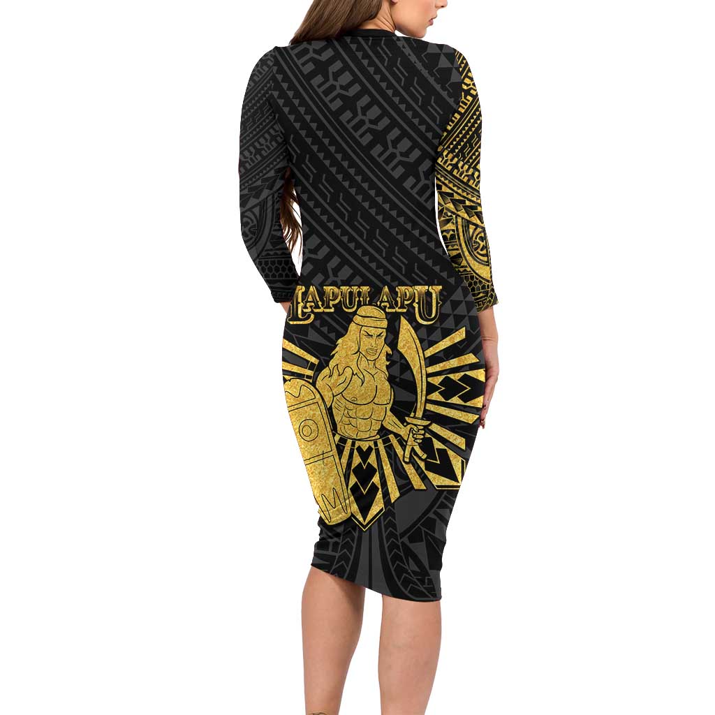 Philippines Tribal Long Sleeve Bodycon Dress King Lapu Lapu Gold Version
