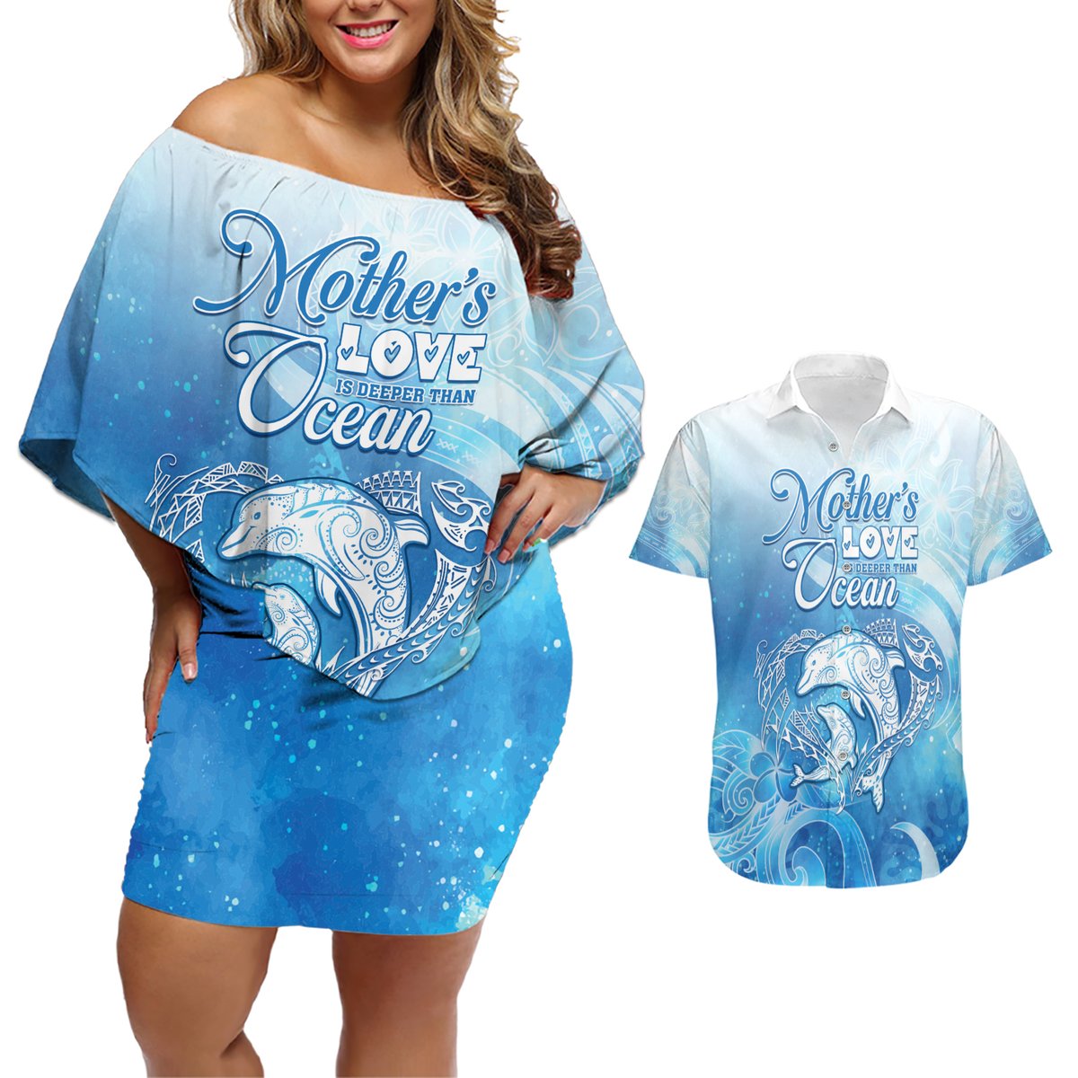 Mother's Love Is Deeper Than Ocean Couples Matching Off Shoulder Short Dress and Hawaiian Shirt Polynesian Style