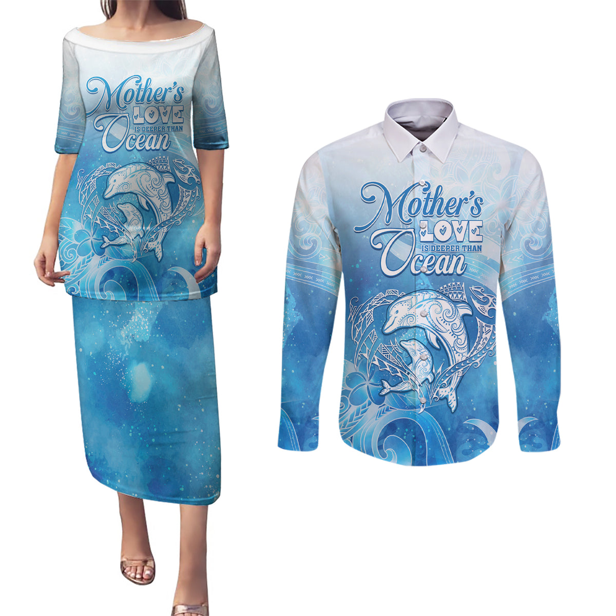 Mother's Love Is Deeper Than Ocean Couples Matching Puletasi and Long Sleeve Button Shirt Polynesian Style