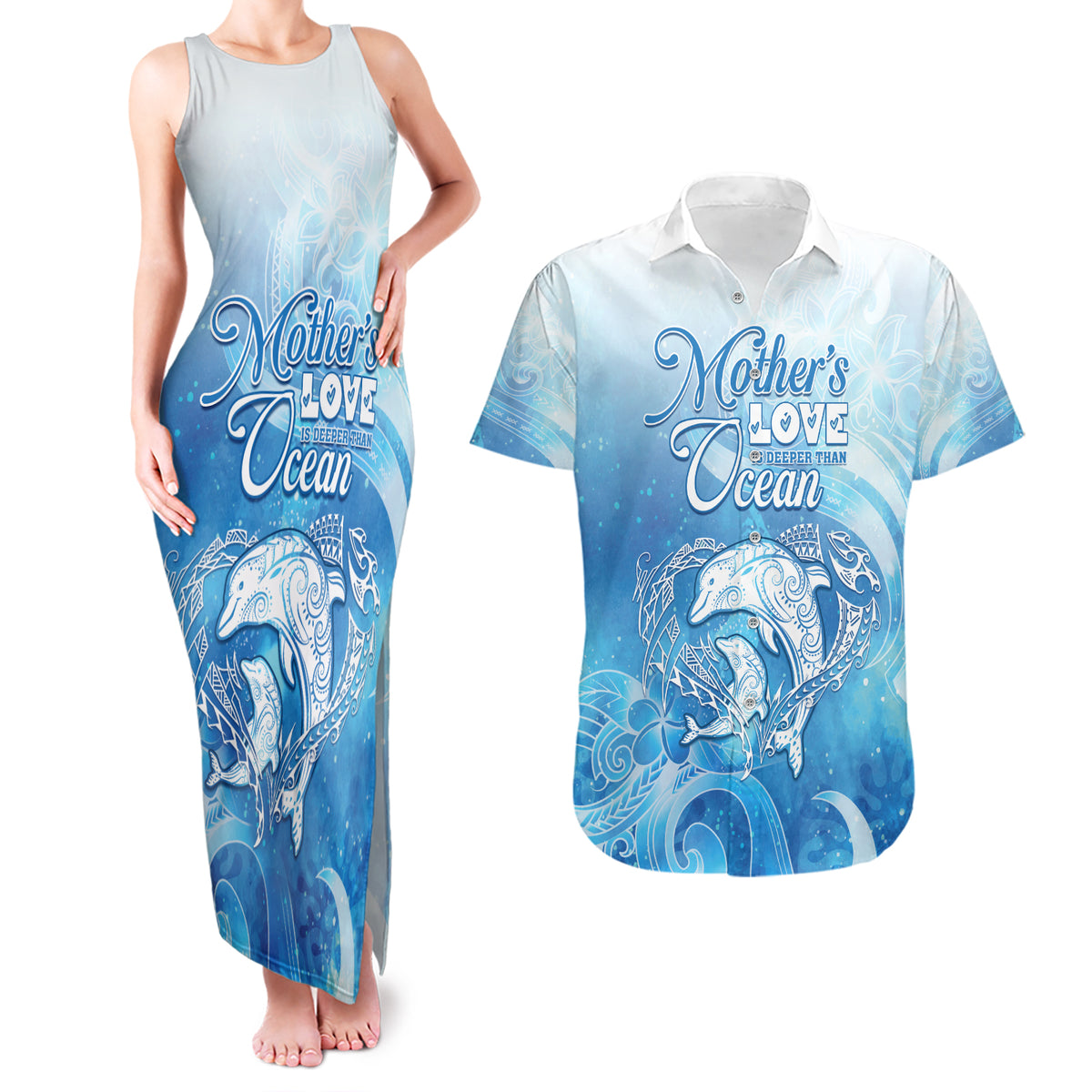Mother's Love Is Deeper Than Ocean Couples Matching Tank Maxi Dress and Hawaiian Shirt Polynesian Style LT05 Blue - Polynesian Pride