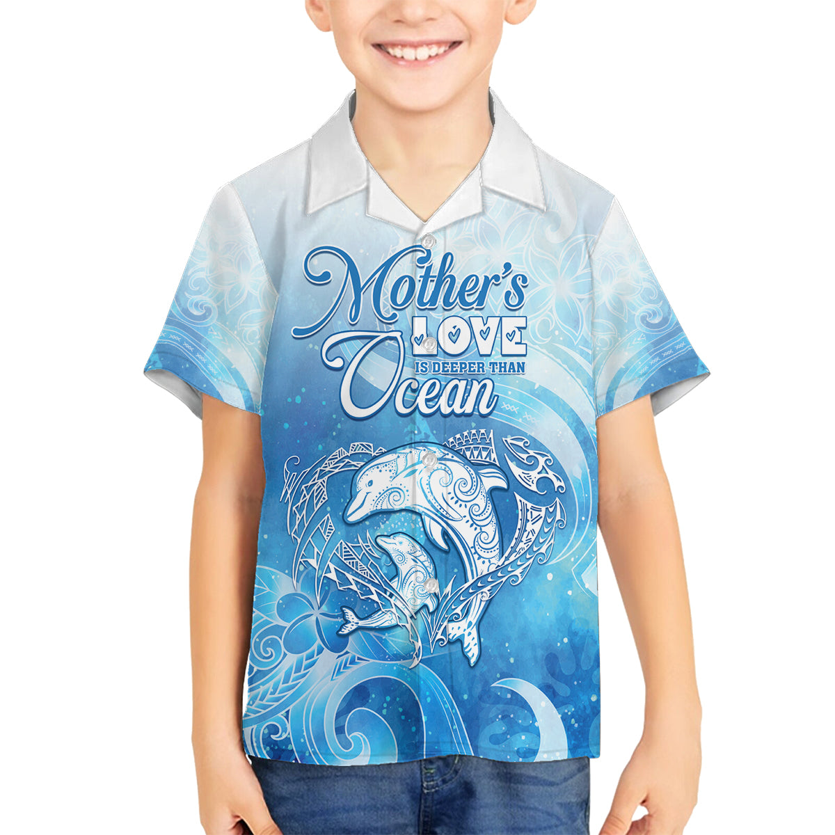 Mother's Love Is Deeper Than Ocean Family Matching Off Shoulder Short Dress and Hawaiian Shirt Polynesian Style LT05 Son's Shirt Blue - Polynesian Pride