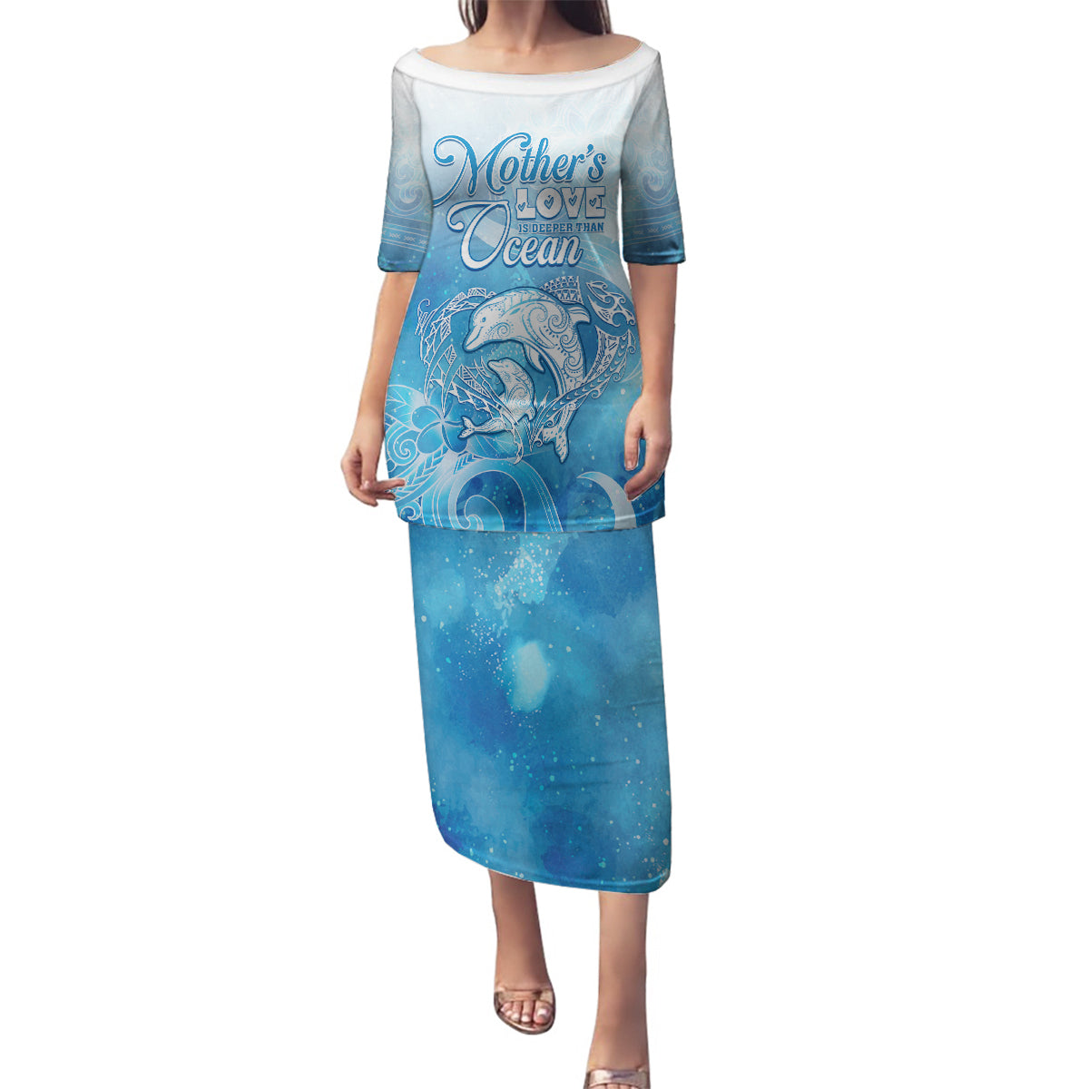 Mother's Love Is Deeper Than Ocean Family Matching Puletasi and Hawaiian Shirt Polynesian Style LT05 Mom's Dress Blue - Polynesian Pride