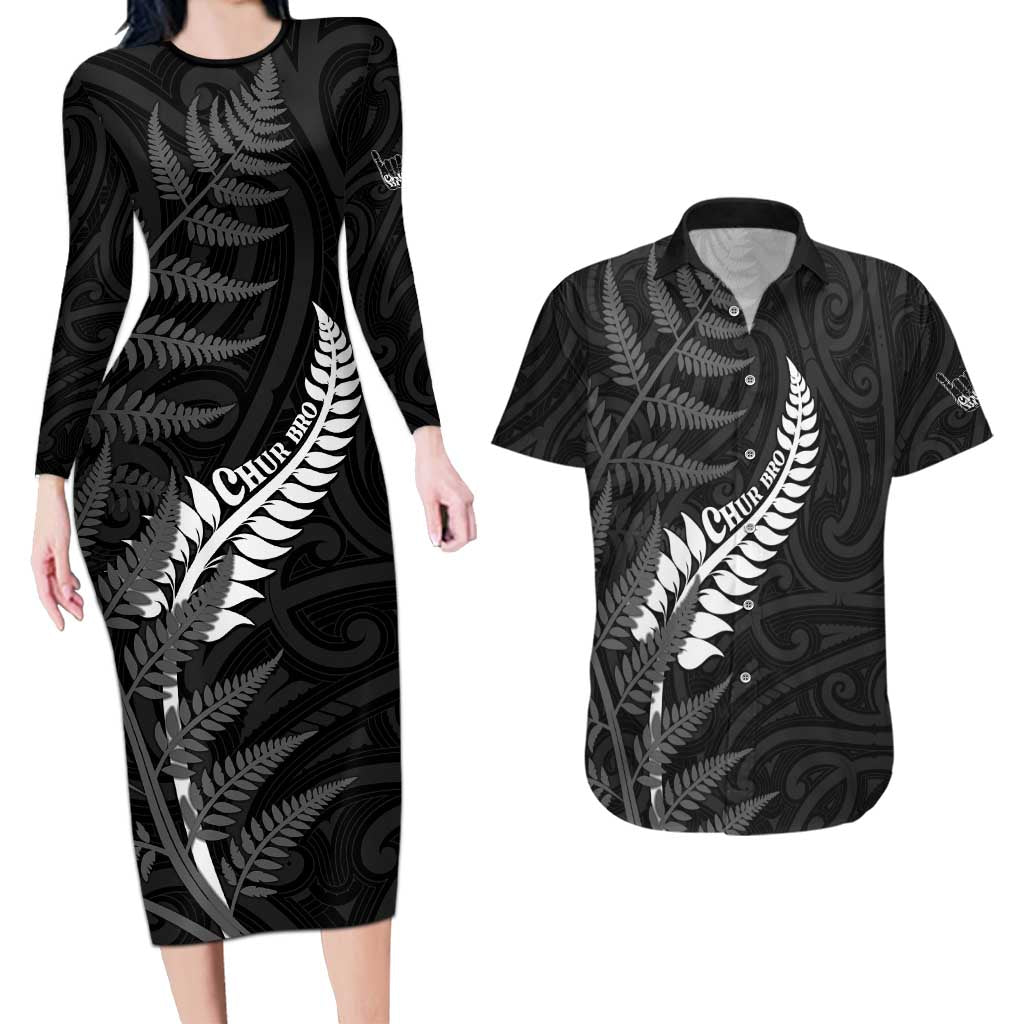 Personalised New Zealand Chur Bro Couples Matching Long Sleeve Bodycon Dress and Hawaiian Shirt Maori Koru With Silver Fern