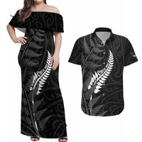 Personalised New Zealand Chur Bro Couples Matching Off Shoulder Maxi Dress and Hawaiian Shirt Maori Koru With Silver Fern LT05 Black - Polynesian Pride