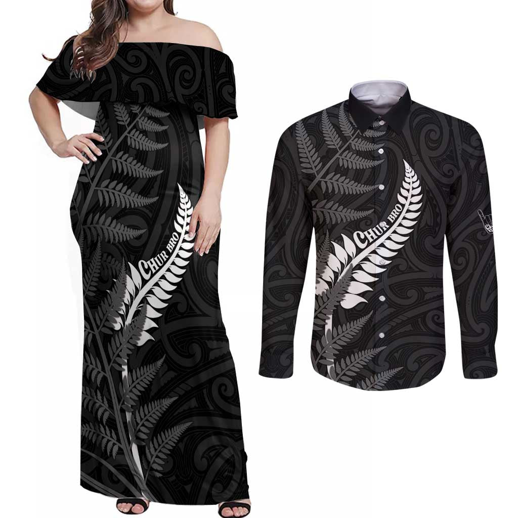 Personalised New Zealand Chur Bro Couples Matching Off Shoulder Maxi Dress and Long Sleeve Button Shirt Maori Koru With Silver Fern