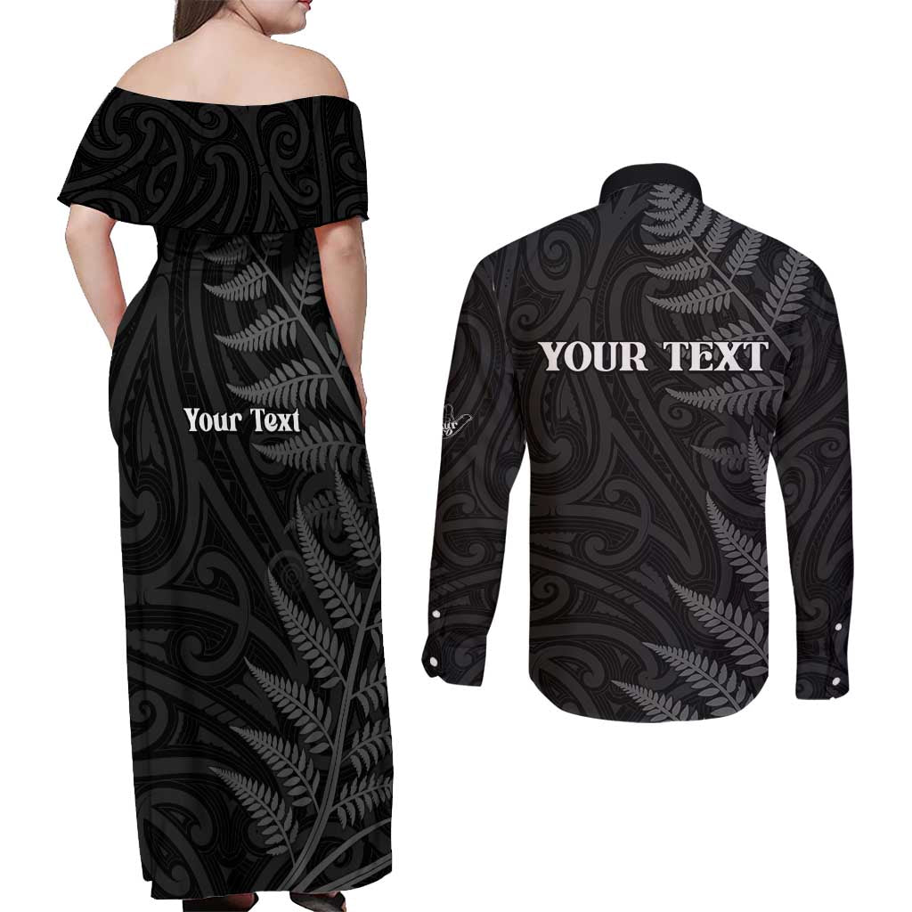 Personalised New Zealand Chur Bro Couples Matching Off Shoulder Maxi Dress and Long Sleeve Button Shirt Maori Koru With Silver Fern LT05 - Polynesian Pride
