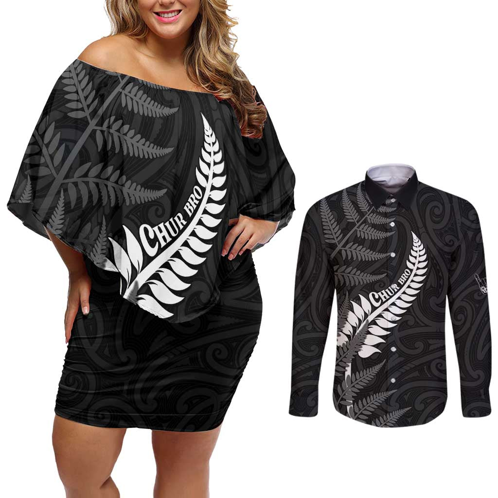 Personalised New Zealand Chur Bro Couples Matching Off Shoulder Short Dress and Long Sleeve Button Shirt Maori Koru With Silver Fern LT05 Black - Polynesian Pride