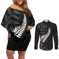 Personalised New Zealand Chur Bro Couples Matching Off Shoulder Short Dress and Long Sleeve Button Shirt Maori Koru With Silver Fern LT05 Black - Polynesian Pride
