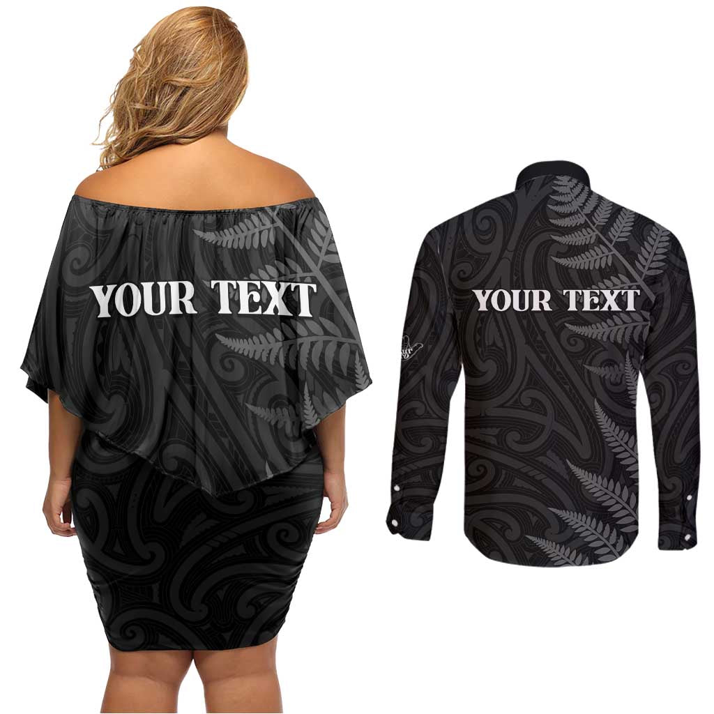 Personalised New Zealand Chur Bro Couples Matching Off Shoulder Short Dress and Long Sleeve Button Shirt Maori Koru With Silver Fern LT05 - Polynesian Pride