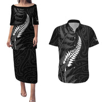 Personalised New Zealand Chur Bro Couples Matching Puletasi and Hawaiian Shirt Maori Koru With Silver Fern LT05 Black - Polynesian Pride