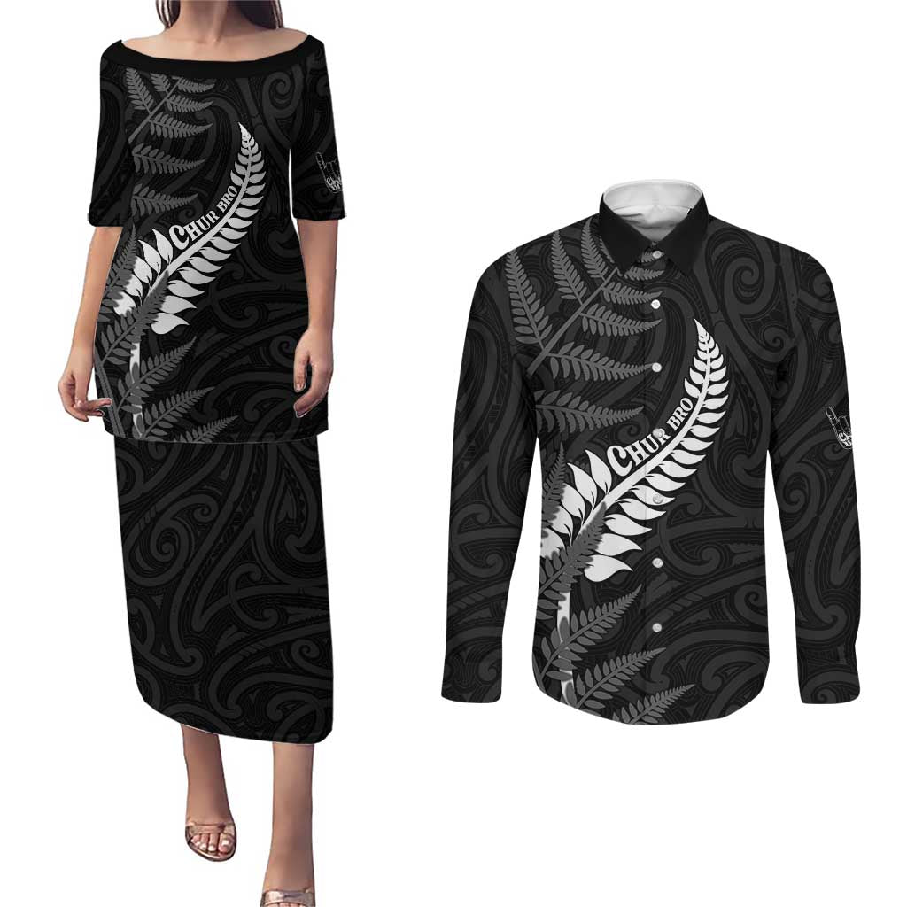 Personalised New Zealand Chur Bro Couples Matching Puletasi and Long Sleeve Button Shirt Maori Koru With Silver Fern LT05 Black - Polynesian Pride