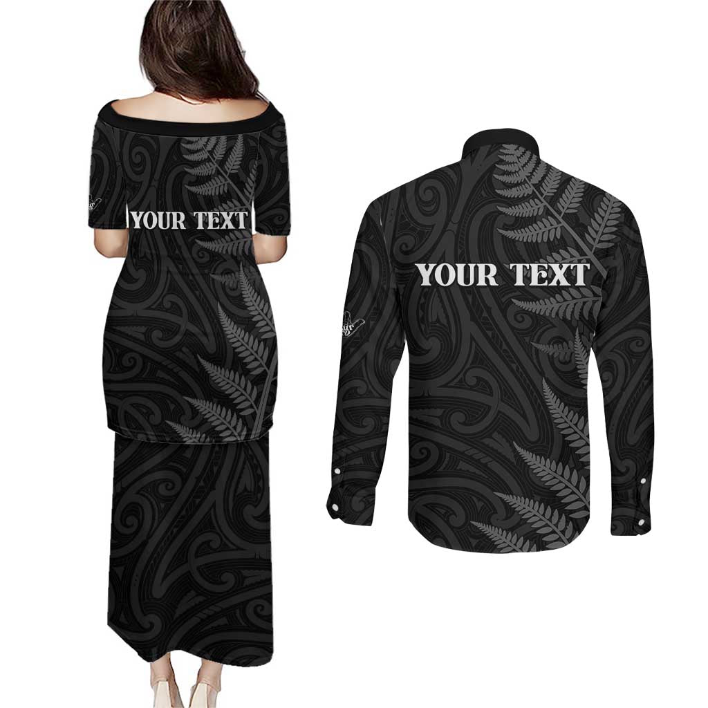Personalised New Zealand Chur Bro Couples Matching Puletasi and Long Sleeve Button Shirt Maori Koru With Silver Fern LT05 - Polynesian Pride