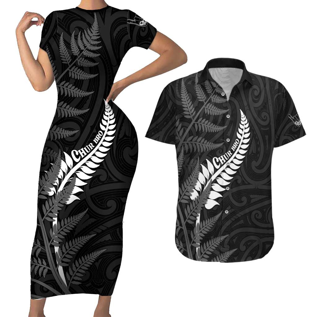 Personalised New Zealand Chur Bro Couples Matching Short Sleeve Bodycon Dress and Hawaiian Shirt Maori Koru With Silver Fern LT05 Black - Polynesian Pride