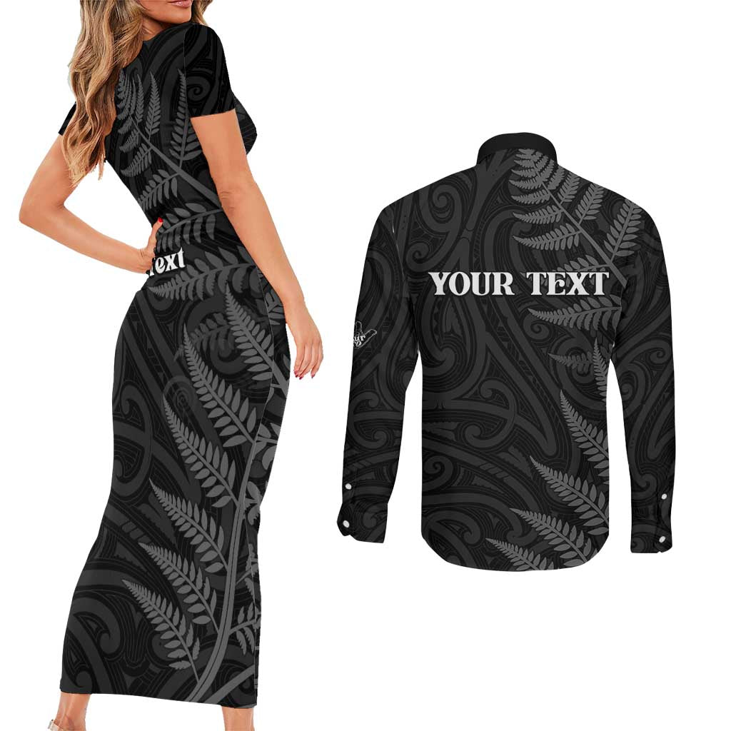 Personalised New Zealand Chur Bro Couples Matching Short Sleeve Bodycon Dress and Long Sleeve Button Shirt Maori Koru With Silver Fern LT05 - Polynesian Pride